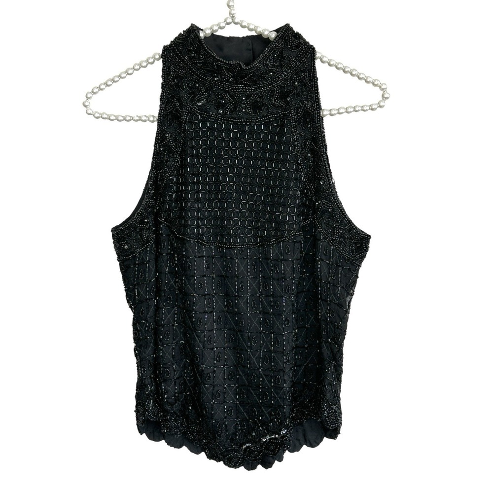 Vintage Papell Boutique Silk Beaded Halter Tank Top PM Fairy Whimsigoth Formal